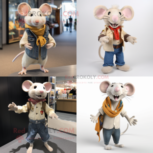 Beige Rat mascot costume character dressed with a Flare Jeans and Scarf clips