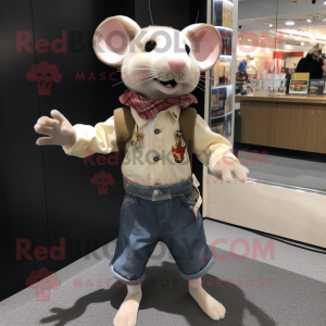 Beige Rat mascot costume character dressed with a Flare Jeans and Scarf clips