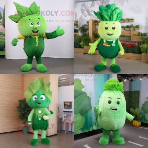 Green Beet mascot costume character dressed with a Overalls and Hair clips