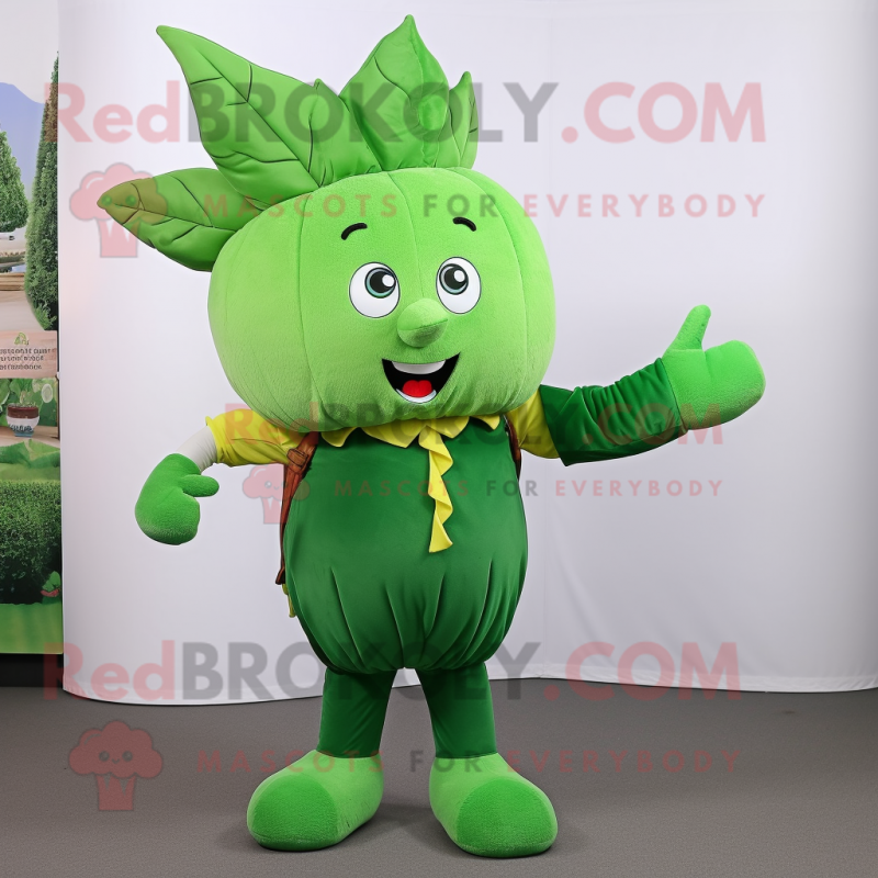 Green Beet mascot costume character dressed with a Overalls and Hair clips Green Beet mascot costume character dressed with a Overalls and Hair clips
