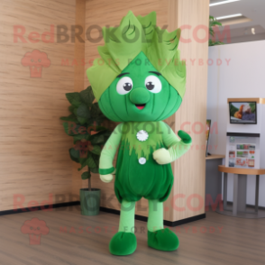 Green Beet mascot costume character dressed with a Overalls and Hair clips