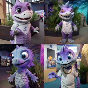 Lavender Barracuda mascot costume character dressed with a T-Shirt and Necklaces