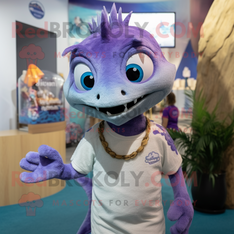 Lavender Barracuda mascot costume character dressed with a T-Shirt and Necklaces