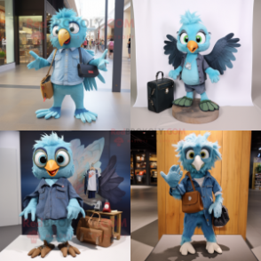 Cyan Harpy mascot costume character dressed with a Denim Shorts and Wallets