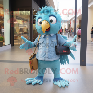 Cyan Harpy mascot costume character dressed with a Denim Shorts and Wallets