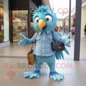 Cyan Harpy mascot costume character dressed with a Denim Shorts and Wallets