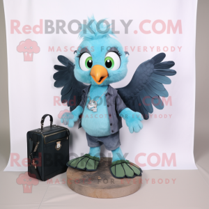 Cyan Harpy mascot costume character dressed with a Denim Shorts and Wallets