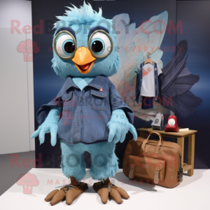 Cyan Harpy mascot costume character dressed with a Denim Shorts and Wallets