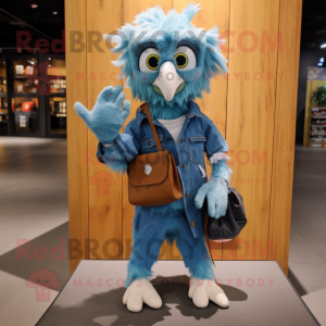 Cyan Harpy mascot costume character dressed with a Denim Shorts and Wallets