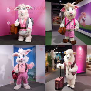 Pink Angora Goat mascot costume character dressed with a Waistcoat and Messenger bags