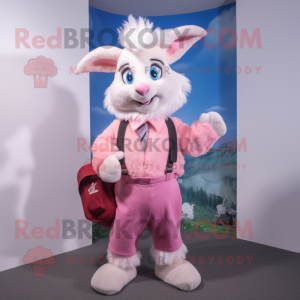 Pink Angora Goat mascot costume character dressed with a Waistcoat and Messenger bags