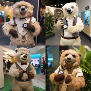 Beige Sloth Bear mascot costume character dressed with a Waistcoat and Smartwatches