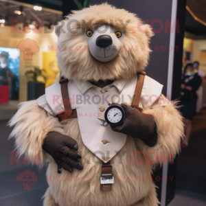 Beige Sloth Bear mascot costume character dressed with a Waistcoat and Smartwatches