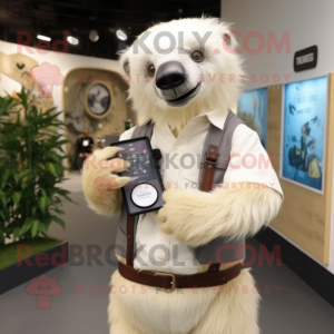 Beige Sloth Bear mascot costume character dressed with a Waistcoat and Smartwatches