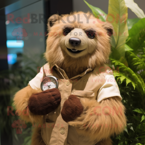 Beige Sloth Bear mascot costume character dressed with a Waistcoat and Smartwatches