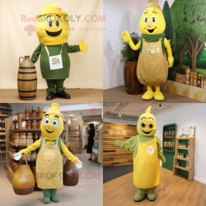 Olive Bottle Of Mustard mascot costume character dressed with a Overalls and Tote bags