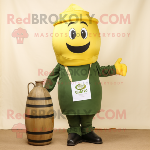 Olive Bottle Of Mustard mascot costume character dressed with a Overalls and Tote bags