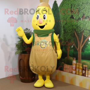 Olive Bottle Of Mustard mascot costume character dressed with a Overalls and Tote bags