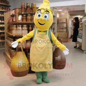 Olive Bottle Of Mustard mascot costume character dressed with a Overalls and Tote bags