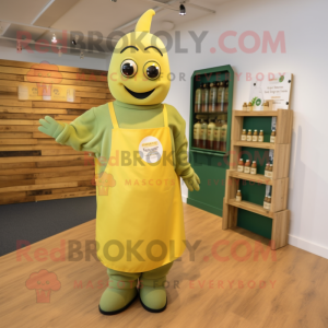 Olive Bottle Of Mustard mascot costume character dressed with a Overalls and Tote bags