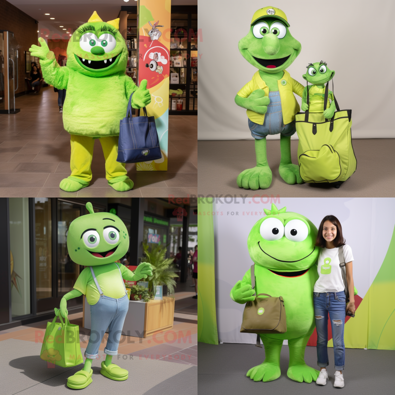 Lime Green Momentum mascot costume character dressed with a Mom Jeans and Tote bags Lime Green Momentum mascot costume character dressed with a Mom Jeans and Tote bags