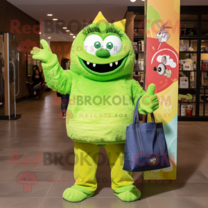 Lime Green Momentum mascot costume character dressed with a Mom Jeans and Tote bags