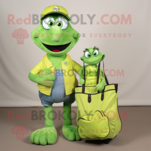 Lime Green Momentum mascot costume character dressed with a Mom Jeans and Tote bags