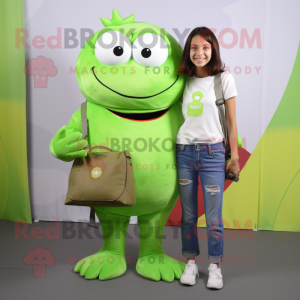 Lime Green Momentum mascot costume character dressed with a Mom Jeans and Tote bags