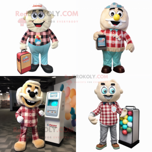 Cream Gumball Machine mascot costume character dressed with a Flannel Shirt and Briefcases