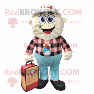 Cream Gumball Machine mascot costume character dressed with a Flannel Shirt and Briefcases