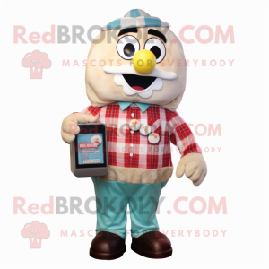 Cream Gumball Machine mascot costume character dressed with a Flannel Shirt and Briefcases