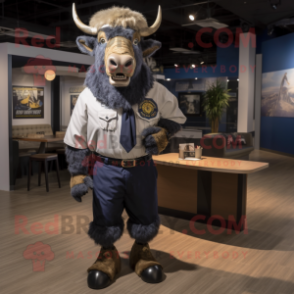 Navy Buffalo mascot costume character dressed with a Oxford Shirt and Ties