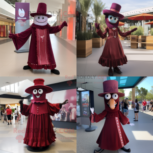 Maroon Stilt Walker mascot costume character dressed with a A-Line Dress and Hats