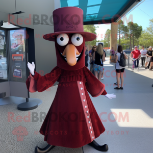 Maroon Stilt Walker mascot costume character dressed with a A-Line Dress and Hats