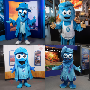 Blue Fried Calamari mascot costume character dressed with a Vest and Beanies