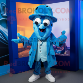 Blue Fried Calamari mascot costume character dressed with a Vest and Beanies