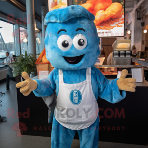 Blue Fried Calamari mascot costume character dressed with a Vest and Beanies