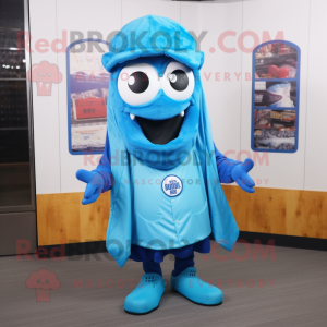 Blue Fried Calamari mascot costume character dressed with a Vest and Beanies