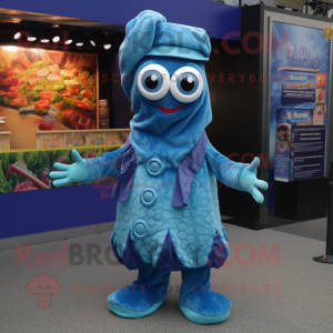 Blue Fried Calamari mascot costume character dressed with a Vest and Beanies