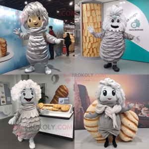 Silver Croissant mascot costume character dressed with a Cardigan and Hair clips