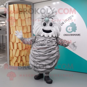 Silver Croissant mascot costume character dressed with a Cardigan and Hair clips