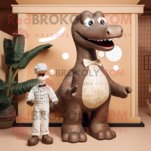Brown Diplodocus mascot costume character dressed with a Romper and Ties
