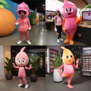 Pink Mango mascot costume character dressed with a Yoga Pants and Caps