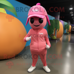 Pink Mango mascot costume character dressed with a Yoga Pants and Caps