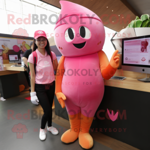 Pink Mango mascot costume character dressed with a Yoga Pants and Caps