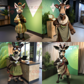 Olive Okapi mascot costume character dressed with a Wrap Skirt and Ties