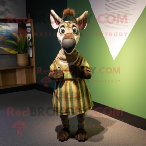 Olive Okapi mascot costume character dressed with a Wrap Skirt and Ties