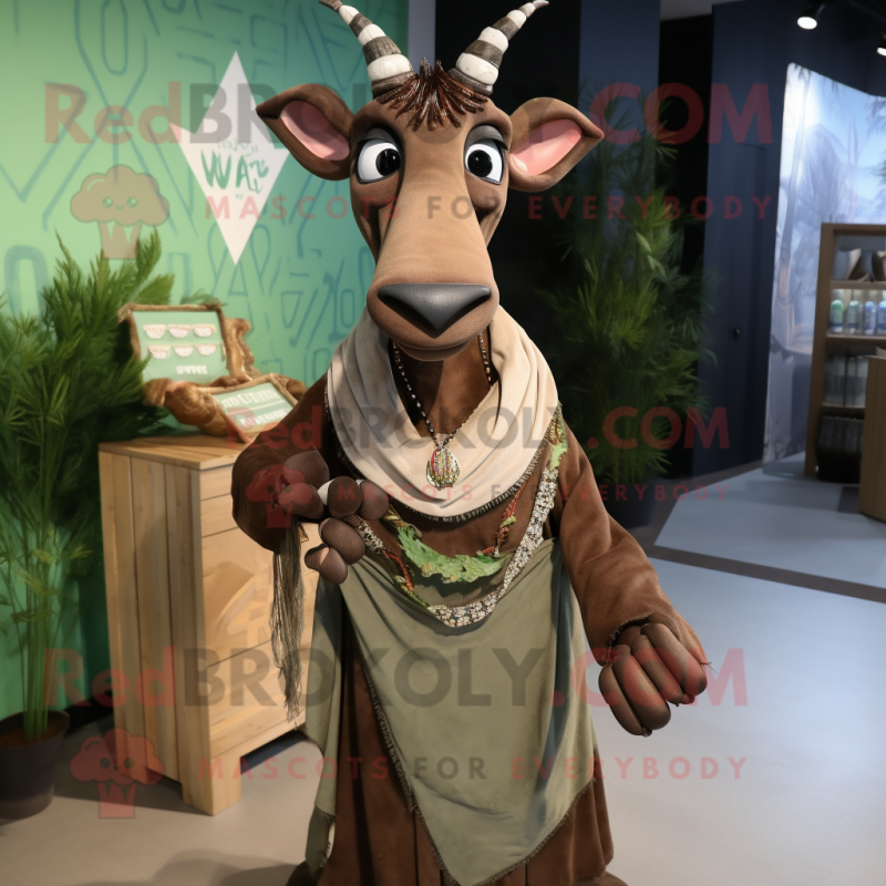 Olive Okapi mascot costume character dressed with a Wrap Skirt and Ties