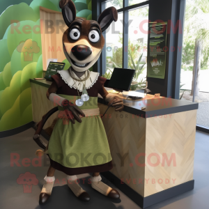 Olive Okapi mascot costume character dressed with a Wrap Skirt and Ties