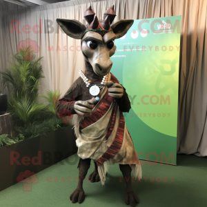 Olive Okapi mascot costume character dressed with a Wrap Skirt and Ties